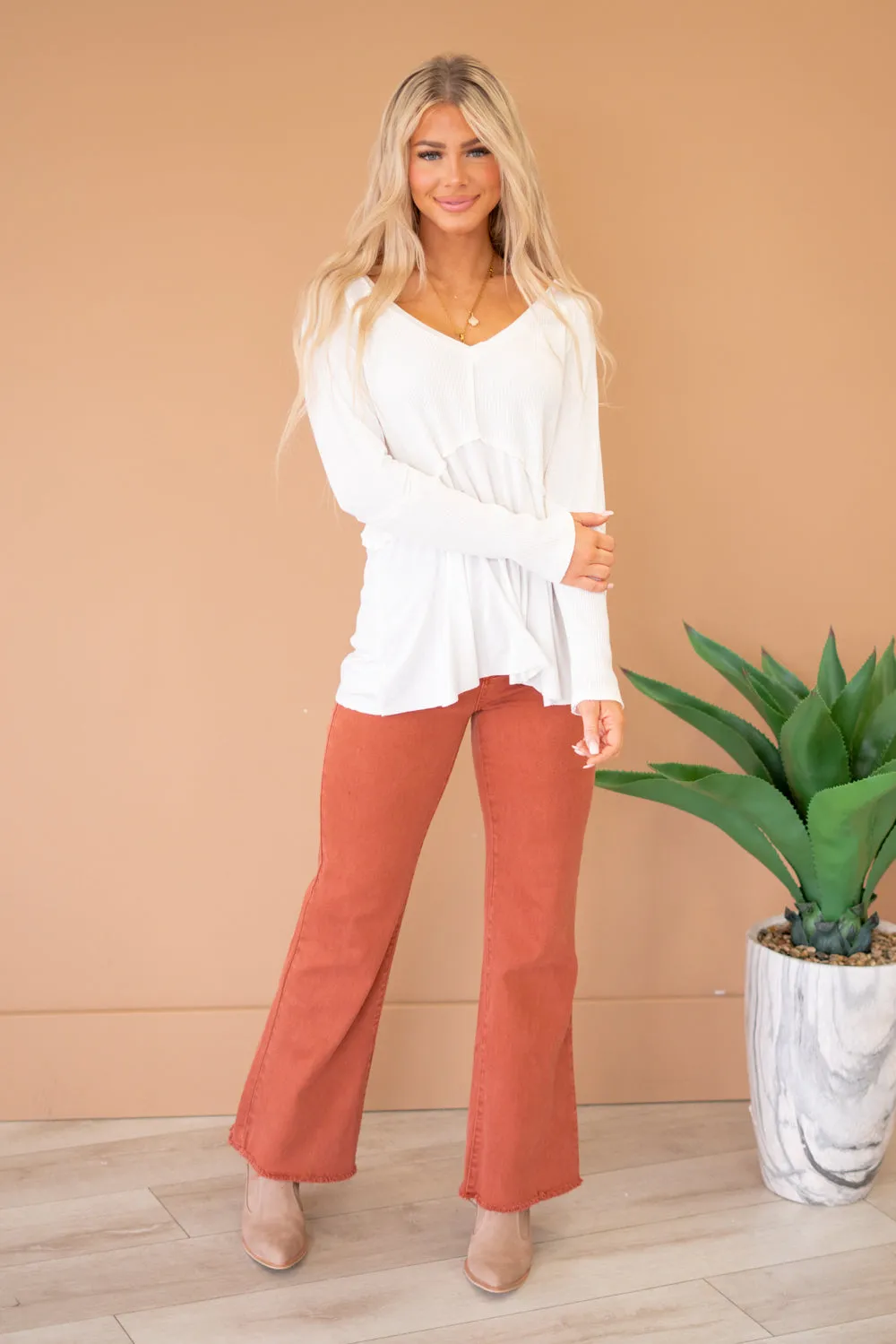 Light Wash Rib Textured Long Sleeve Top