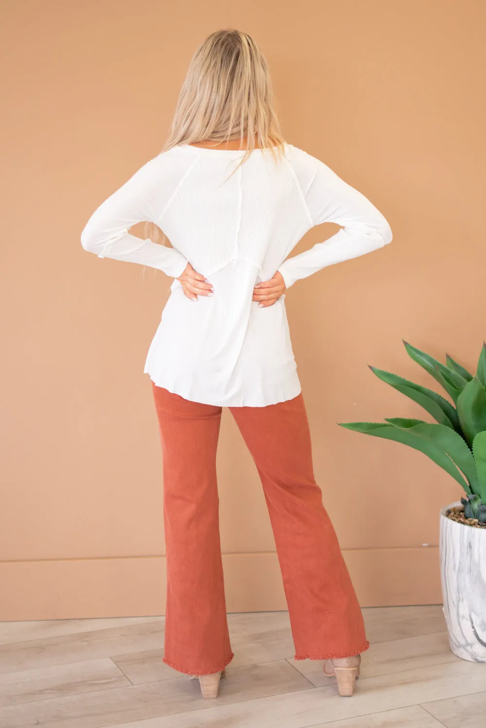 Light Wash Rib Textured Long Sleeve Top