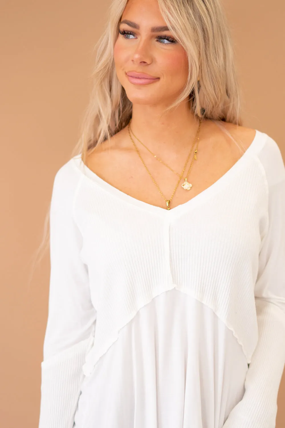 Light Wash Rib Textured Long Sleeve Top