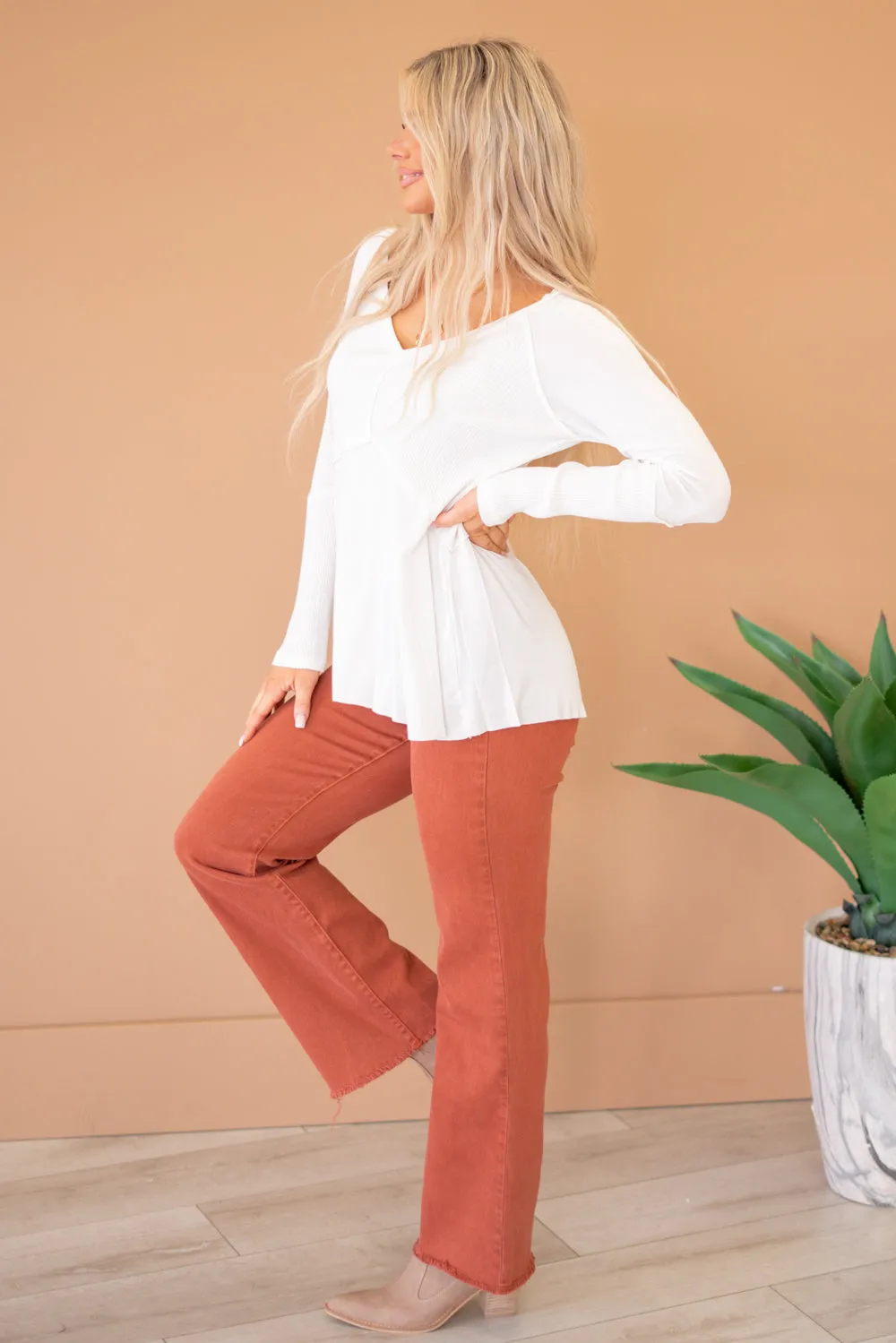 Light Wash Rib Textured Long Sleeve Top