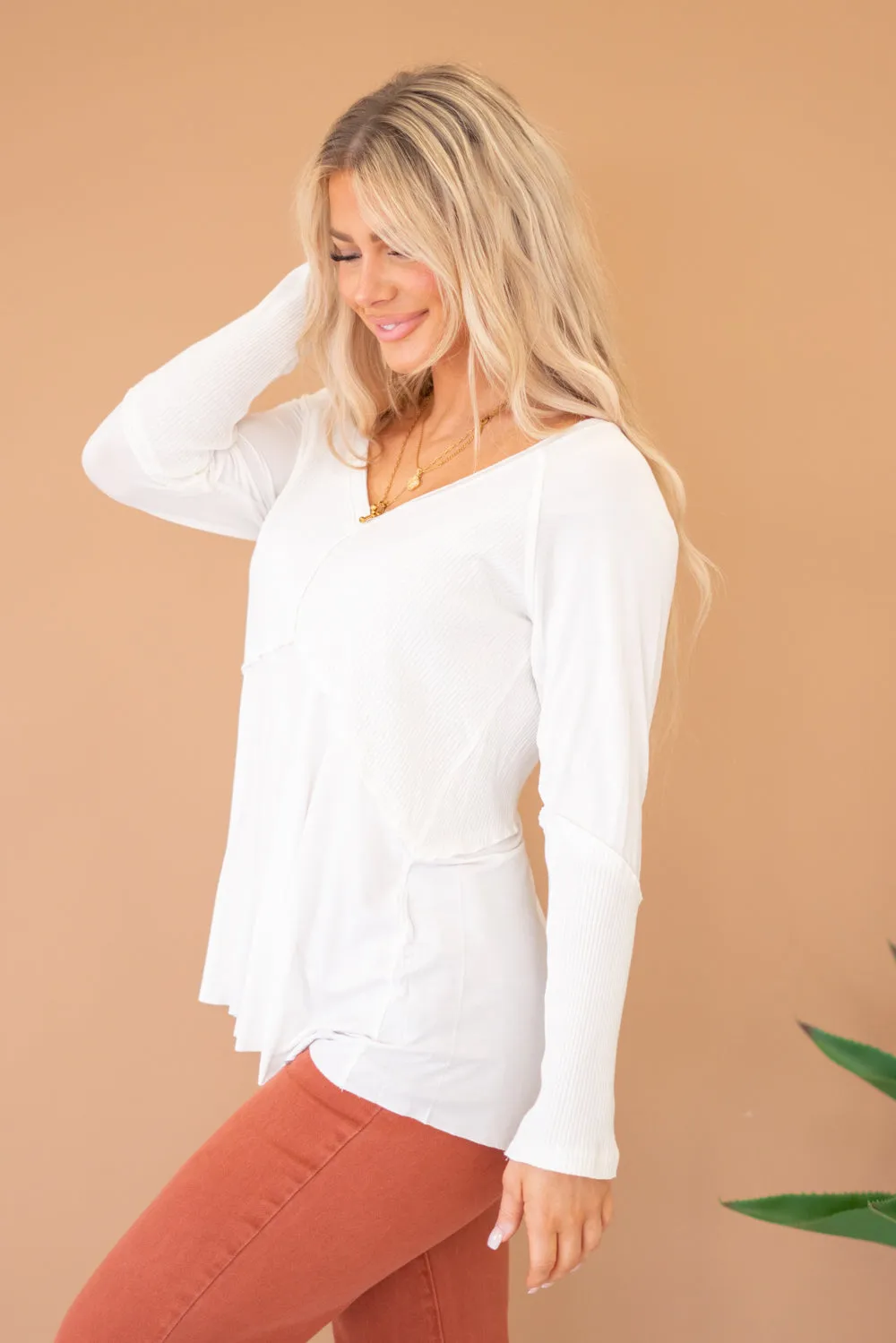 Light Wash Rib Textured Long Sleeve Top
