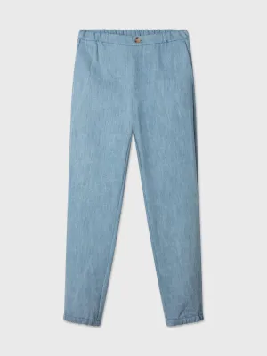 Light Washed Denim Elastic Waist Trousers