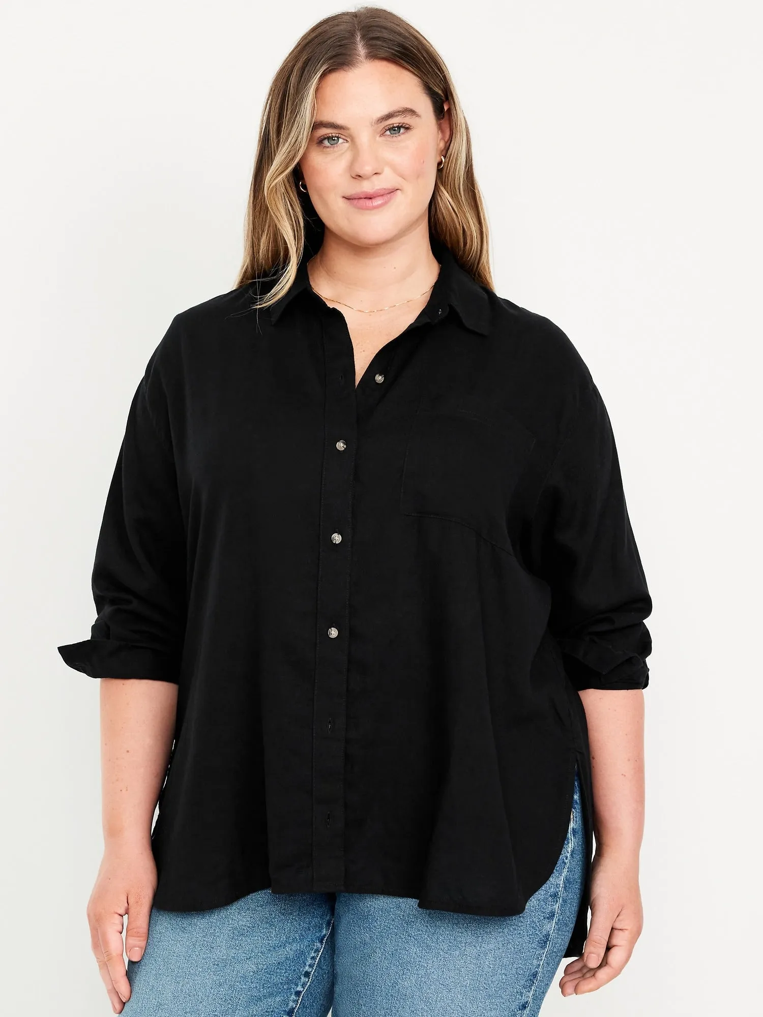 Linen-Blend Loose Button-Down Shirt