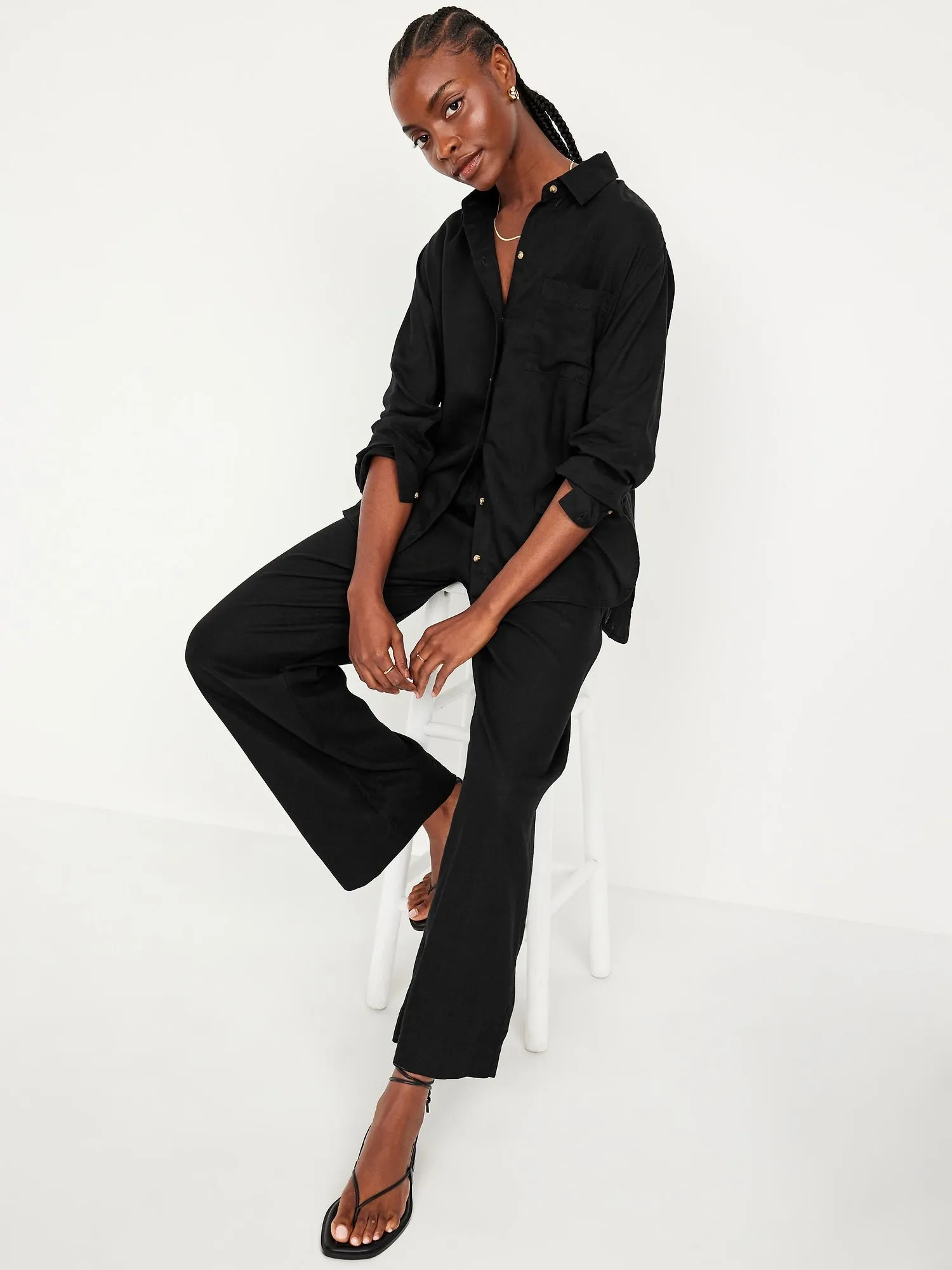 Linen-Blend Loose Button-Down Shirt