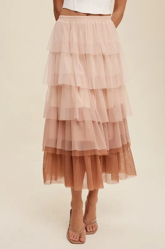 Listicle Gradient Style Tiered Mesh Maxi Skirt
