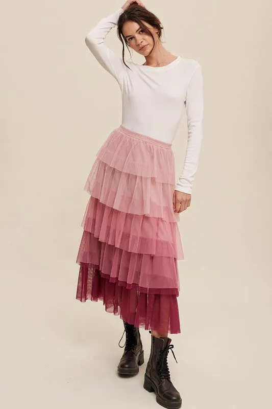 Listicle Gradient Style Tiered Mesh Maxi Skirt