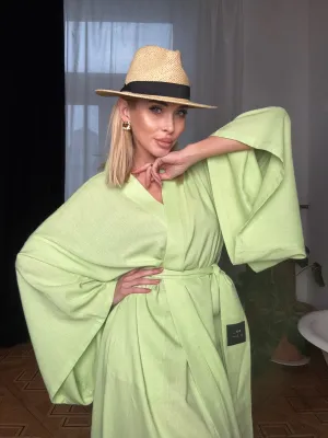 Long Linen Japanese Kimono Lime
