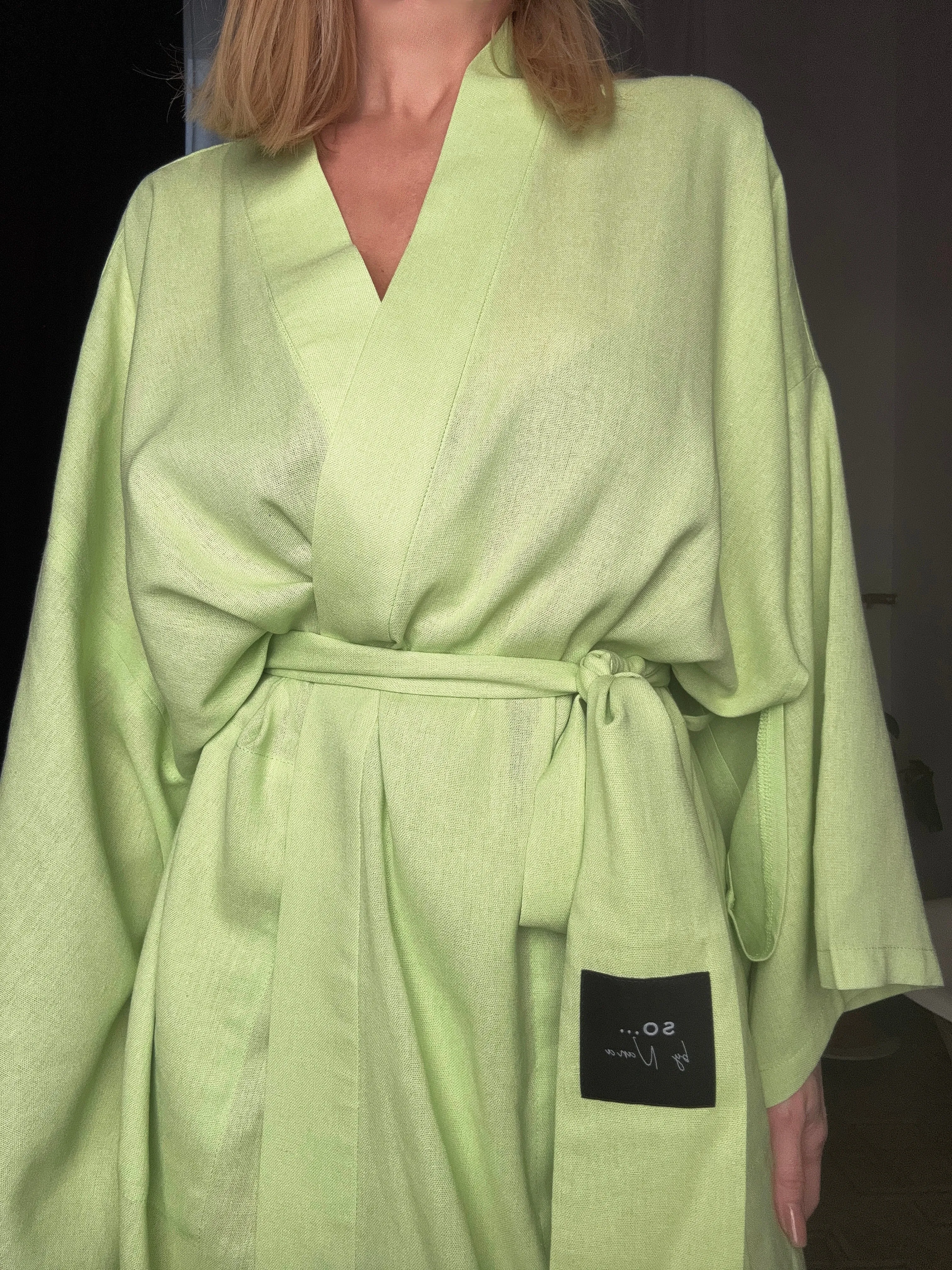 Long Linen Japanese Kimono Lime