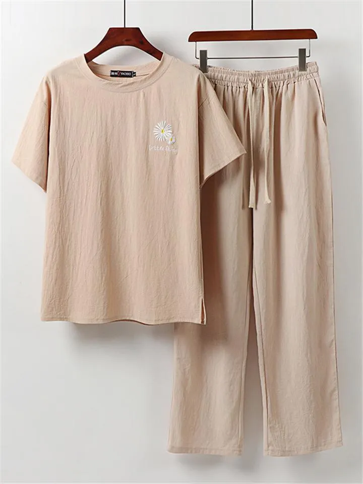 Loose Fit Linen 2-Piece Daisy Embroidered T-Shirt   Drawstring Full-Length Pants