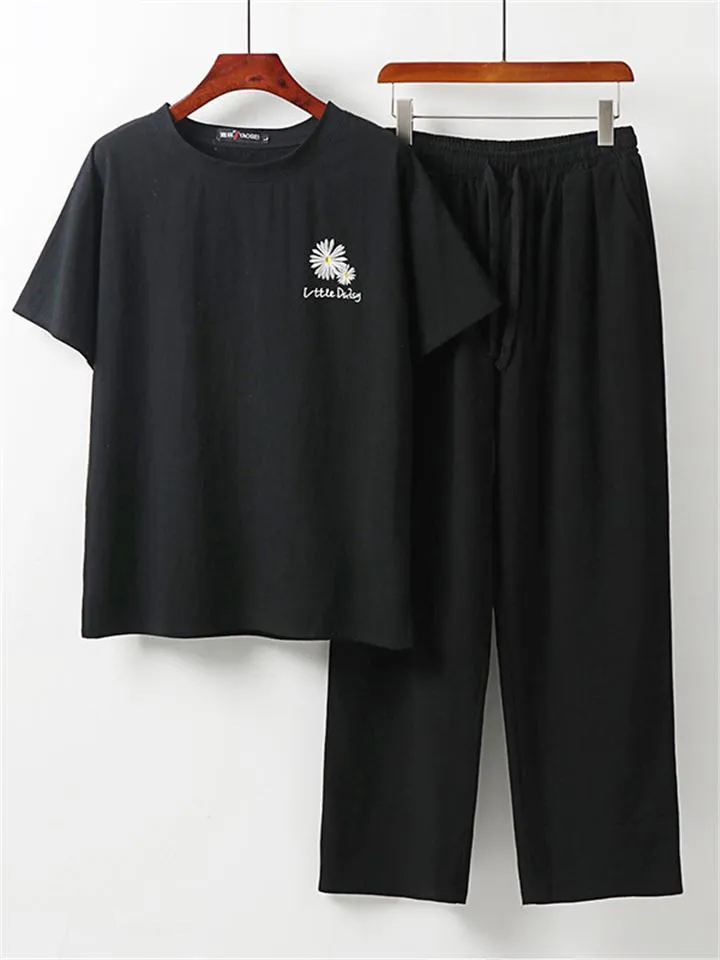 Loose Fit Linen 2-Piece Daisy Embroidered T-Shirt   Drawstring Full-Length Pants