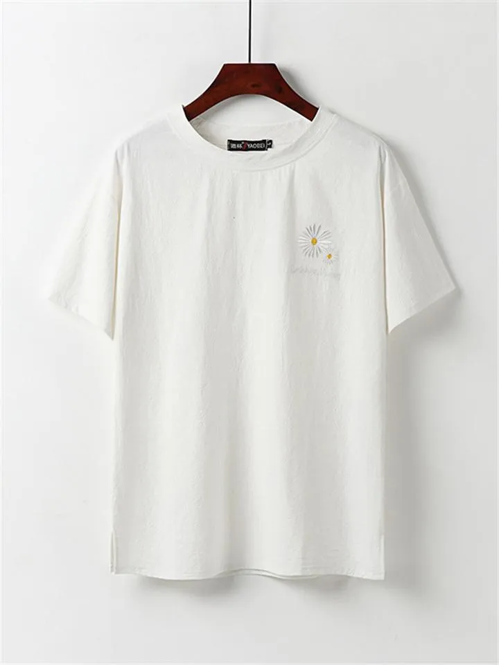 Loose Fit Linen 2-Piece Daisy Embroidered T-Shirt   Drawstring Full-Length Pants