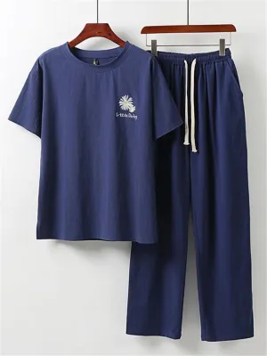 Loose Fit Linen 2-Piece Daisy Embroidered T-Shirt   Drawstring Full-Length Pants