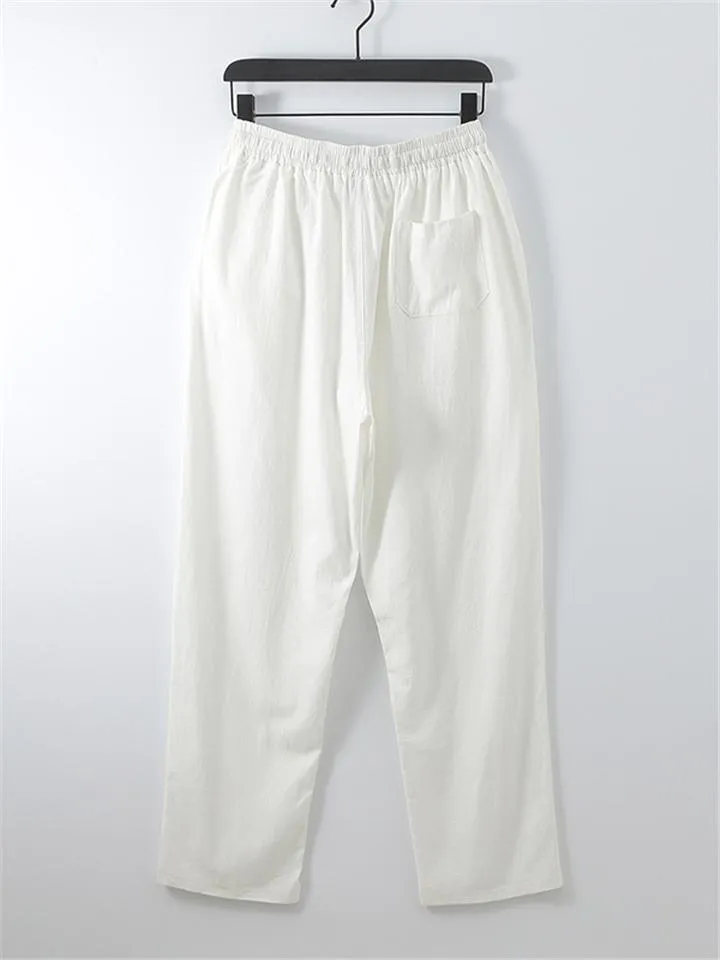 Loose Fit Linen 2-Piece Daisy Embroidered T-Shirt   Drawstring Full-Length Pants