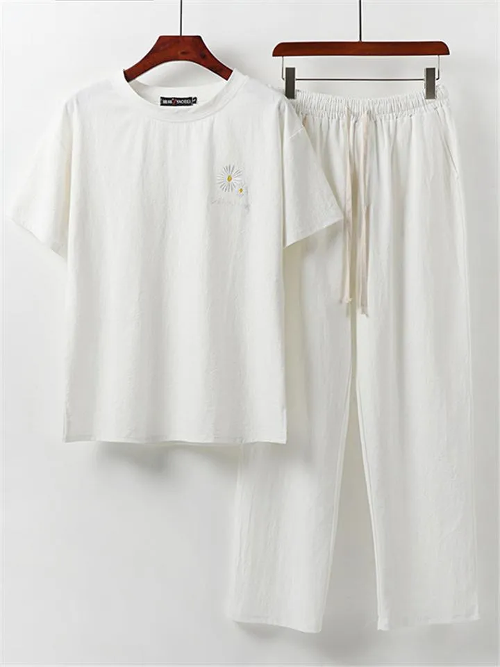 Loose Fit Linen 2-Piece Daisy Embroidered T-Shirt   Drawstring Full-Length Pants