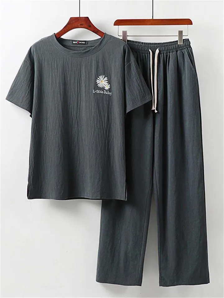 Loose Fit Linen 2-Piece Daisy Embroidered T-Shirt   Drawstring Full-Length Pants