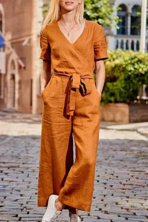 Loose Linen Wrap Jumpsuit