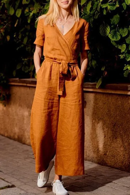 Loose Linen Wrap Jumpsuit