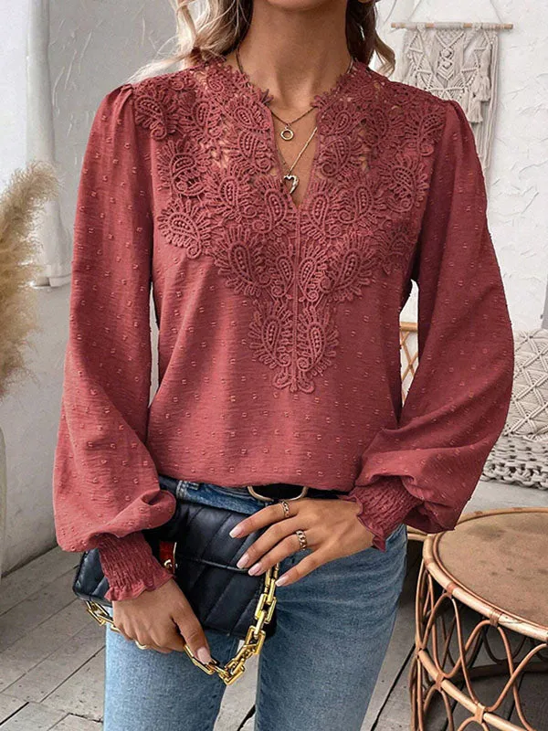 Loose Puff Sleeves Elasticity Hollow Jacquard Solid Color Split-Joint V-Neck Blouses&Shirts Tops