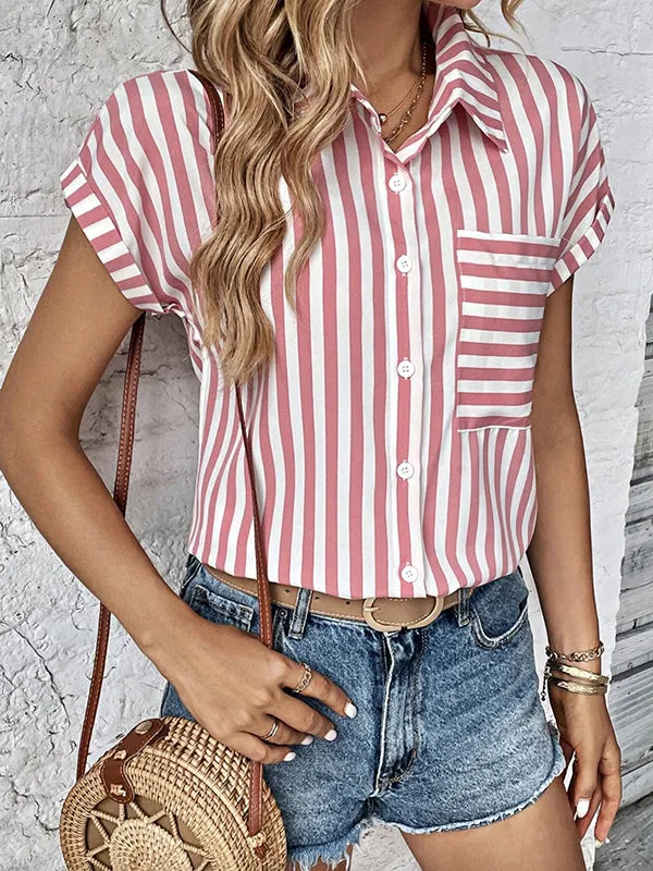 Loose Short Sleeves Contrast Color Split-Joint Striped Patterns Lapel Blouses&Shirts Tops