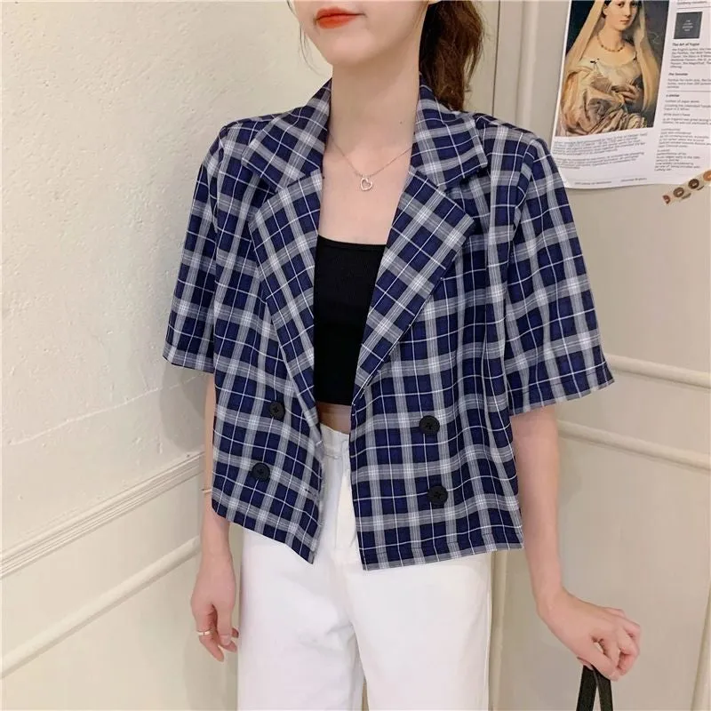 Loose Vintage Plaid Double Breasted Short Blazer