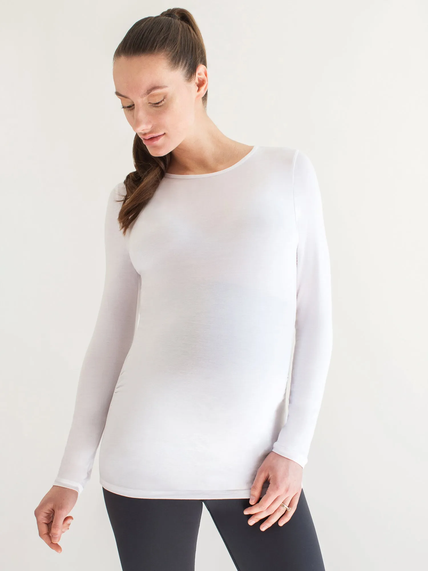 MATERNITY SOFT STRETCH LONG SLEEVE TEE, WHITE