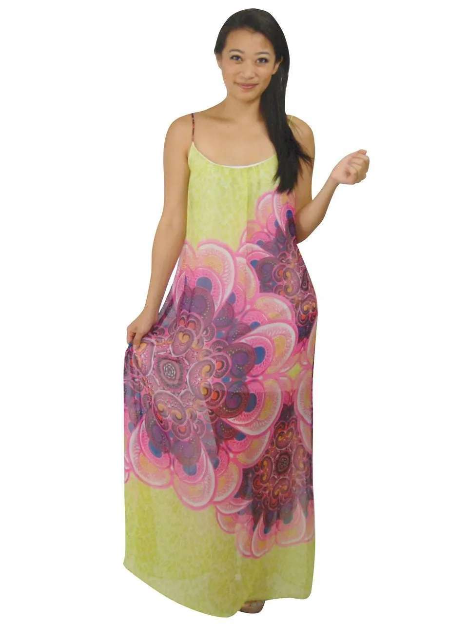 Maxi Dress Sleeveless Chiffon Pale Green Pink