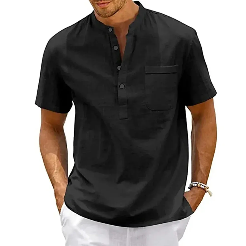Men's Cotton Linen Henley Shirt - Casual Beach T-shirt