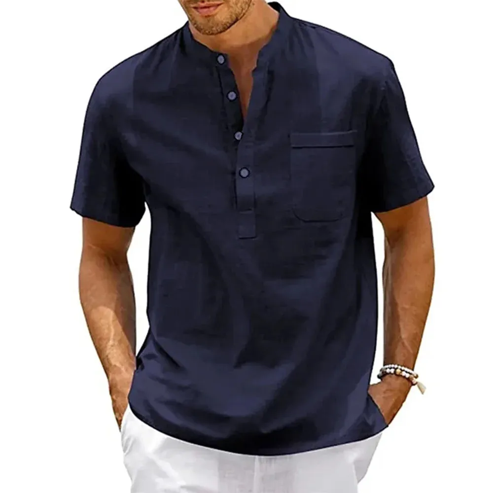 Men's Cotton Linen Henley Shirt - Casual Beach T-shirt
