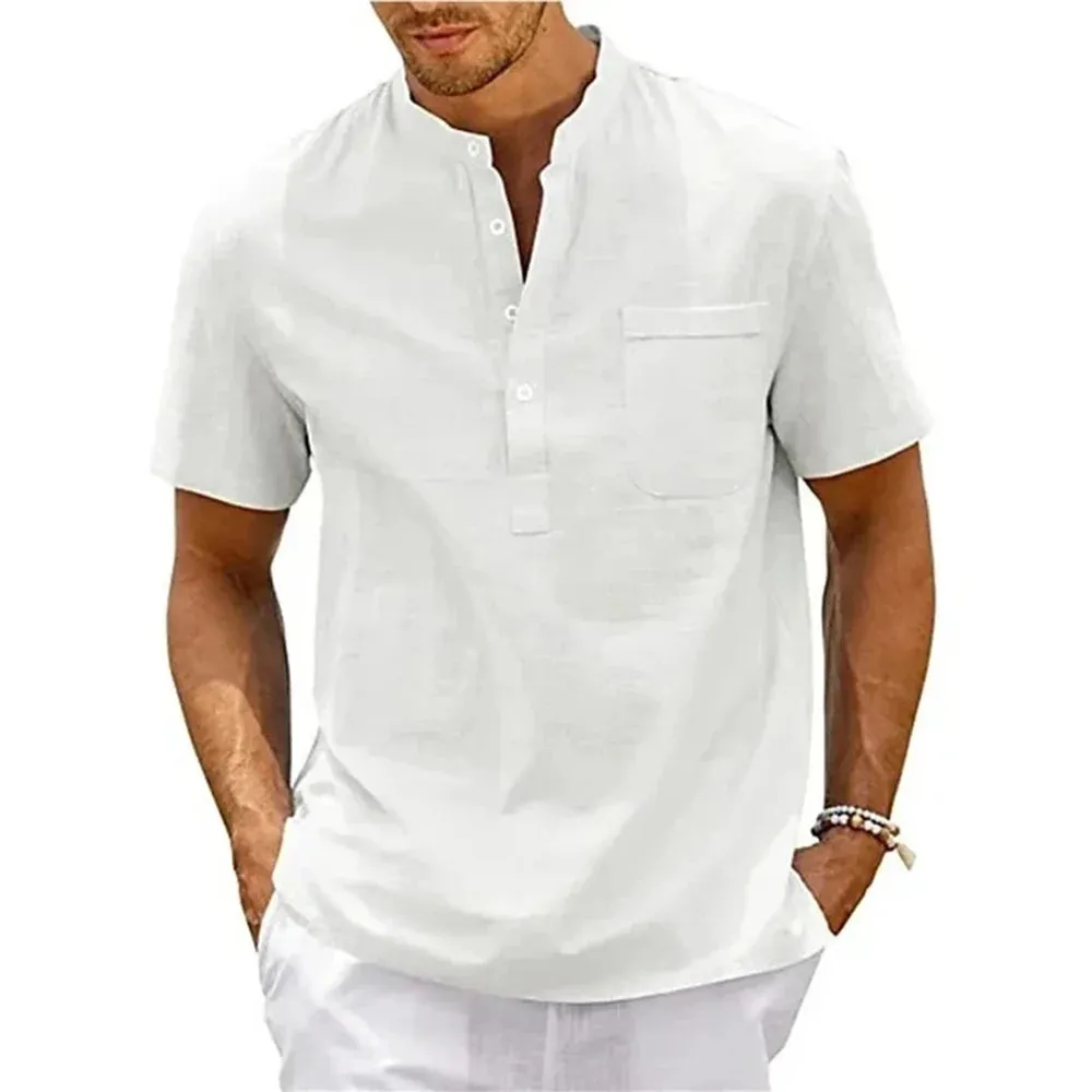 Men's Cotton Linen Henley Shirt - Casual Beach T-shirt
