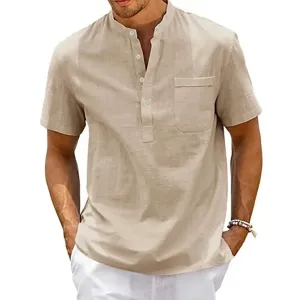 Men's Cotton Linen Henley Shirt - Casual Beach T-shirt