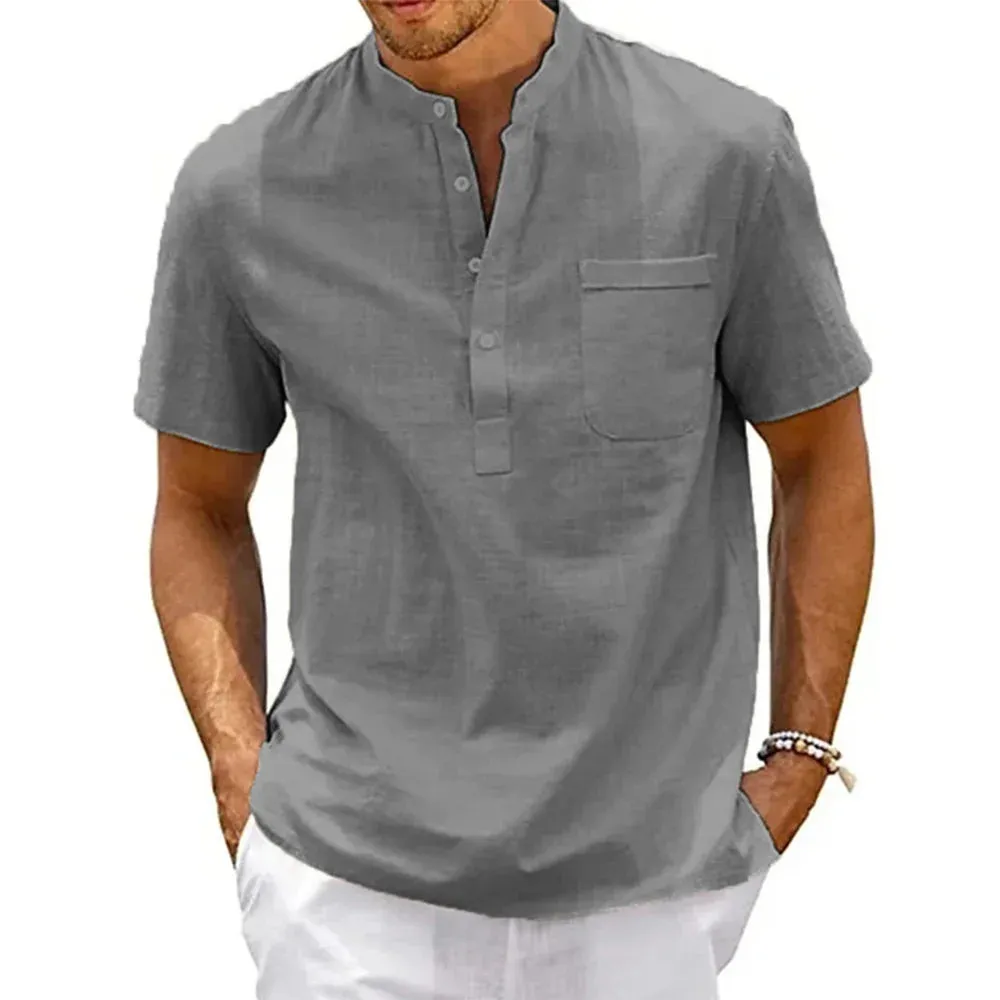 Men's Cotton Linen Henley Shirt - Casual Beach T-shirt