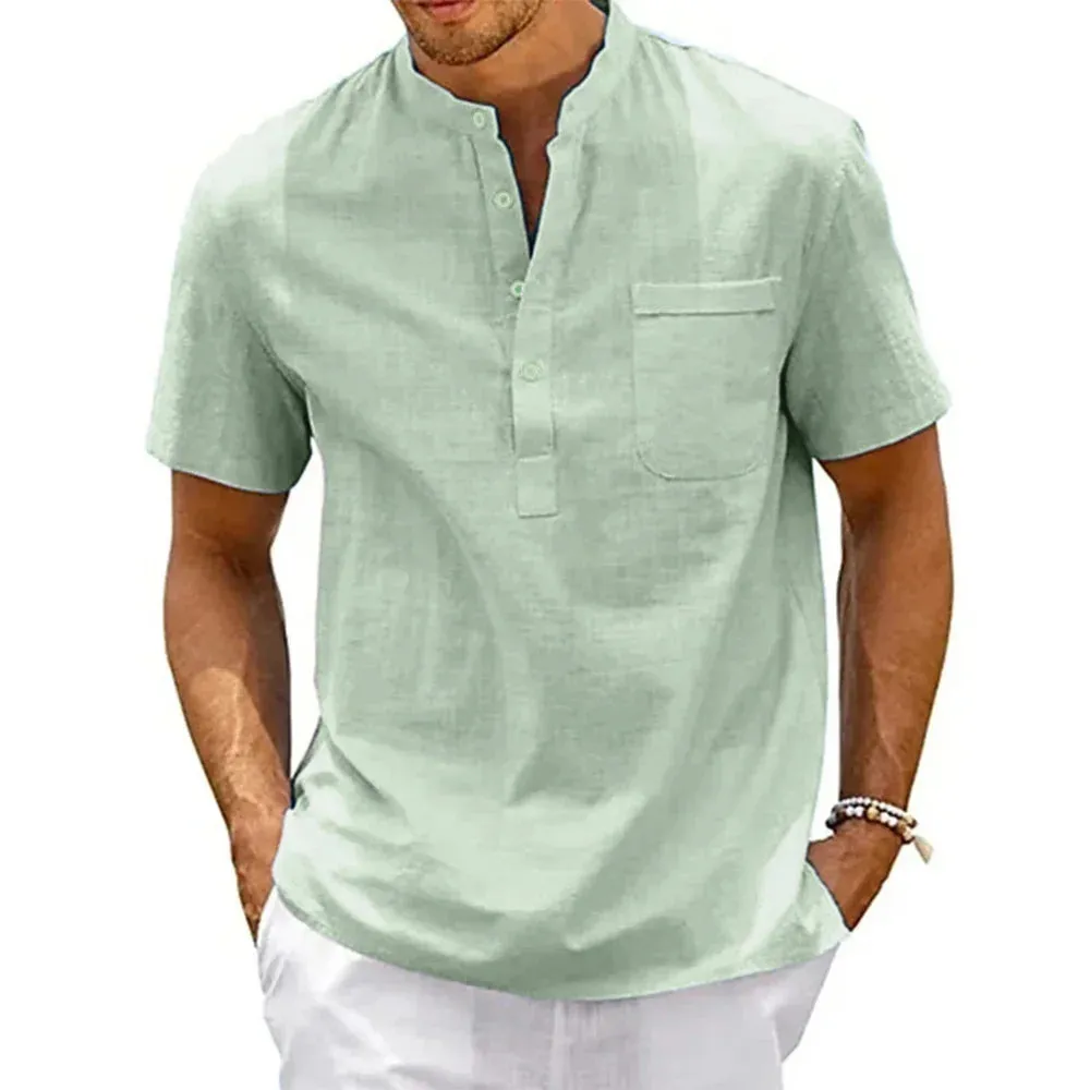 Men's Cotton Linen Henley Shirt - Casual Beach T-shirt