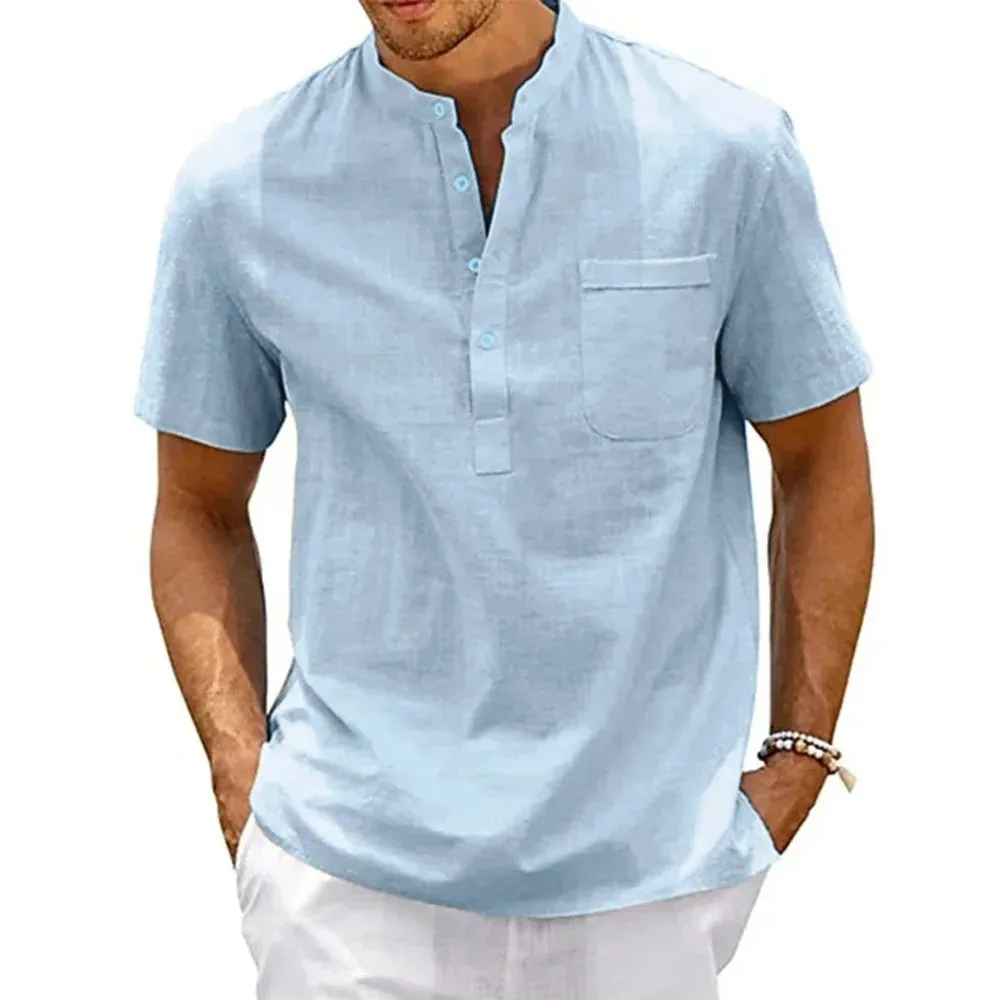 Men's Cotton Linen Henley Shirt - Casual Beach T-shirt