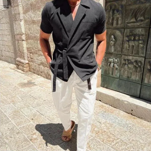 MEN'S NOTCH LAPEL SOLID LINEN SHORT SLEEVE SHIRT