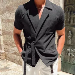 MEN'S NOTCH LAPEL SOLID LINEN SHORT SLEEVE SHIRT