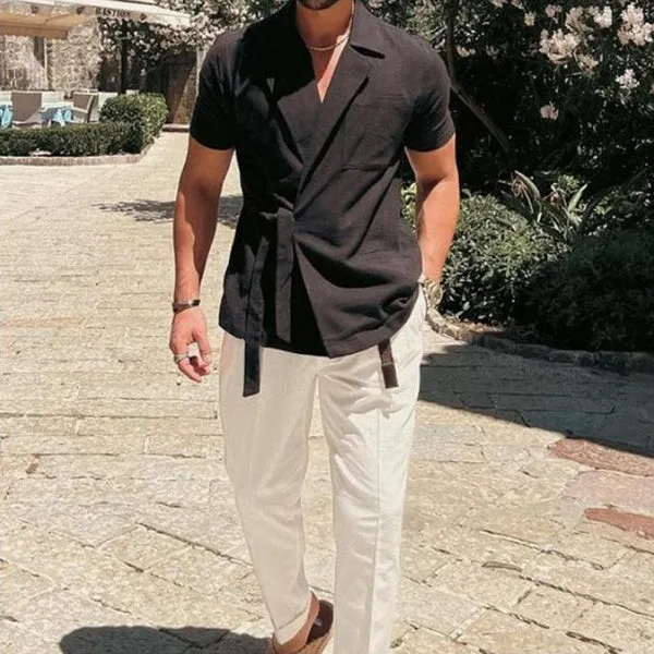 MEN'S NOTCH LAPEL SOLID LINEN SHORT SLEEVE SHIRT