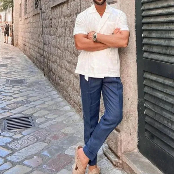 MEN'S NOTCH LAPEL SOLID LINEN SHORT SLEEVE SHIRT