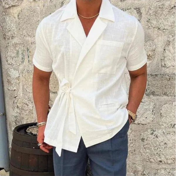MEN'S NOTCH LAPEL SOLID LINEN SHORT SLEEVE SHIRT