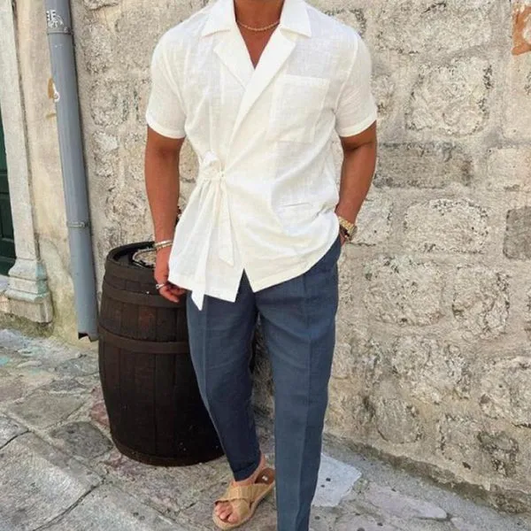 MEN'S NOTCH LAPEL SOLID LINEN SHORT SLEEVE SHIRT