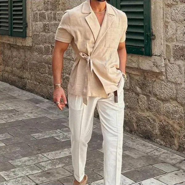 MEN'S NOTCH LAPEL SOLID LINEN SHORT SLEEVE SHIRT