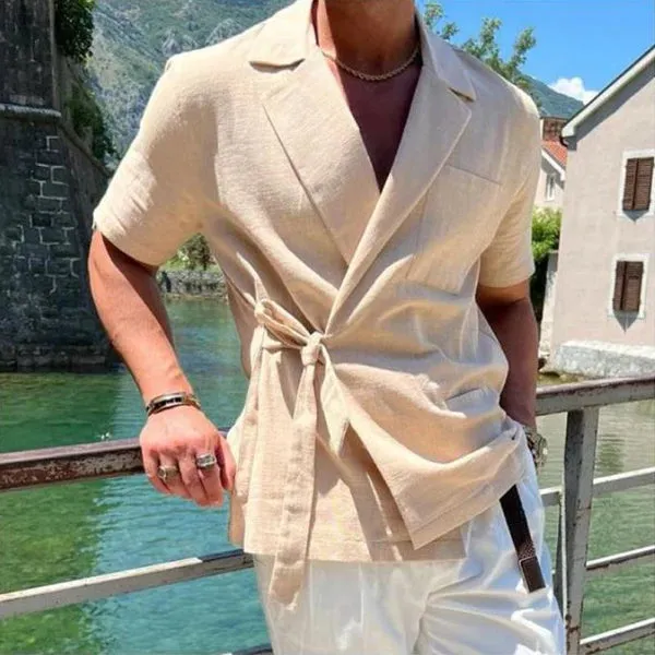 MEN'S NOTCH LAPEL SOLID LINEN SHORT SLEEVE SHIRT