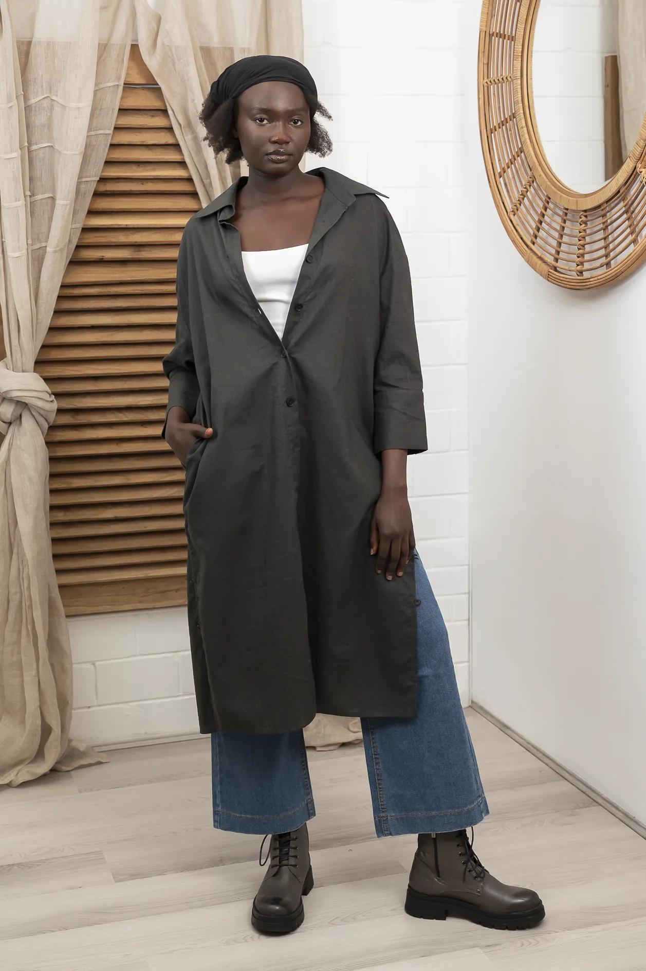 'Nadia' Linen Coat/ Dress - Charcoal