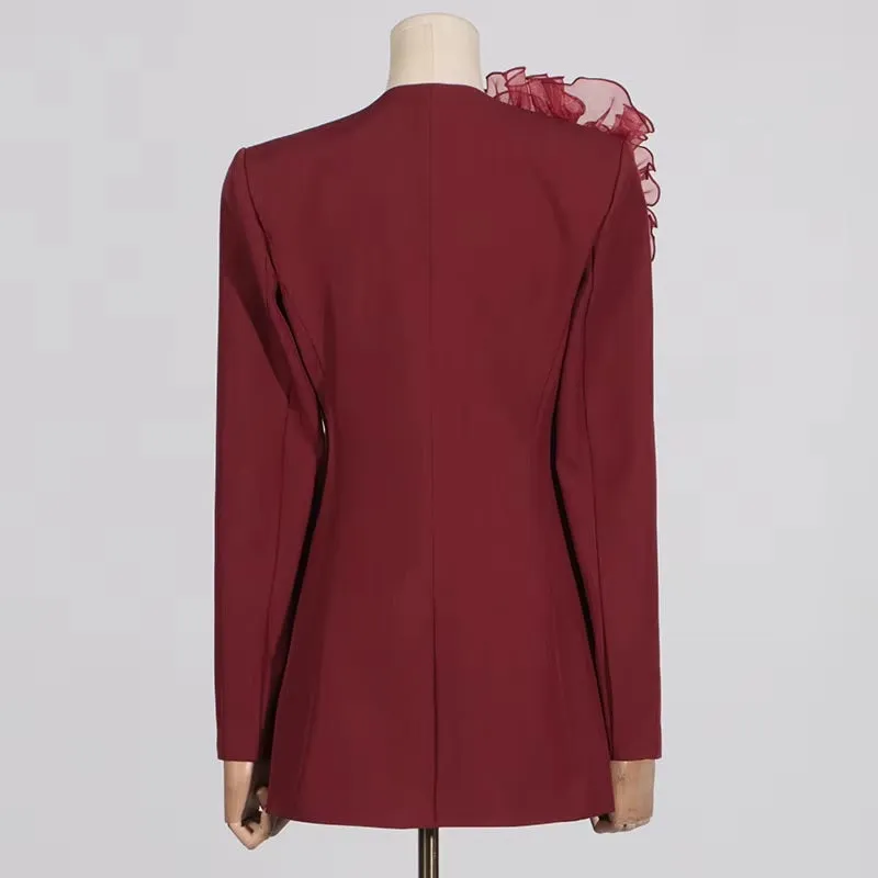New Elegant Mesh Flower Spliced V Neck Single Button Long Sleeve Slim Blazers CODE: KAR3528