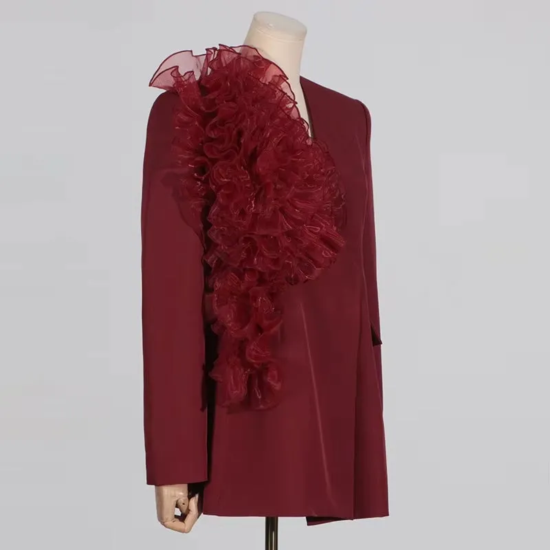 New Elegant Mesh Flower Spliced V Neck Single Button Long Sleeve Slim Blazers CODE: KAR3528
