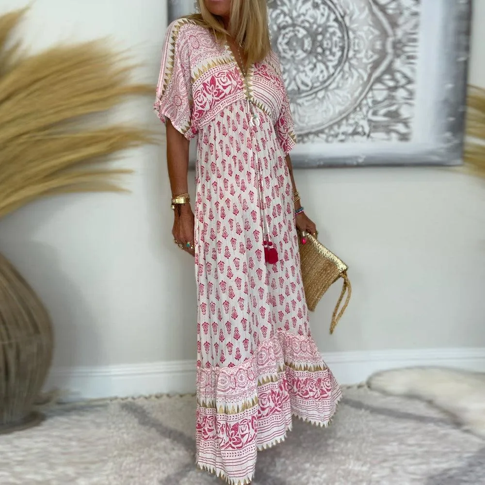 New ERTYM Sweet Pink Half Sleeve Maxi Dress Sz L, Nice Flowy lightweight fabric, great for summer! Sz L Retails 64 