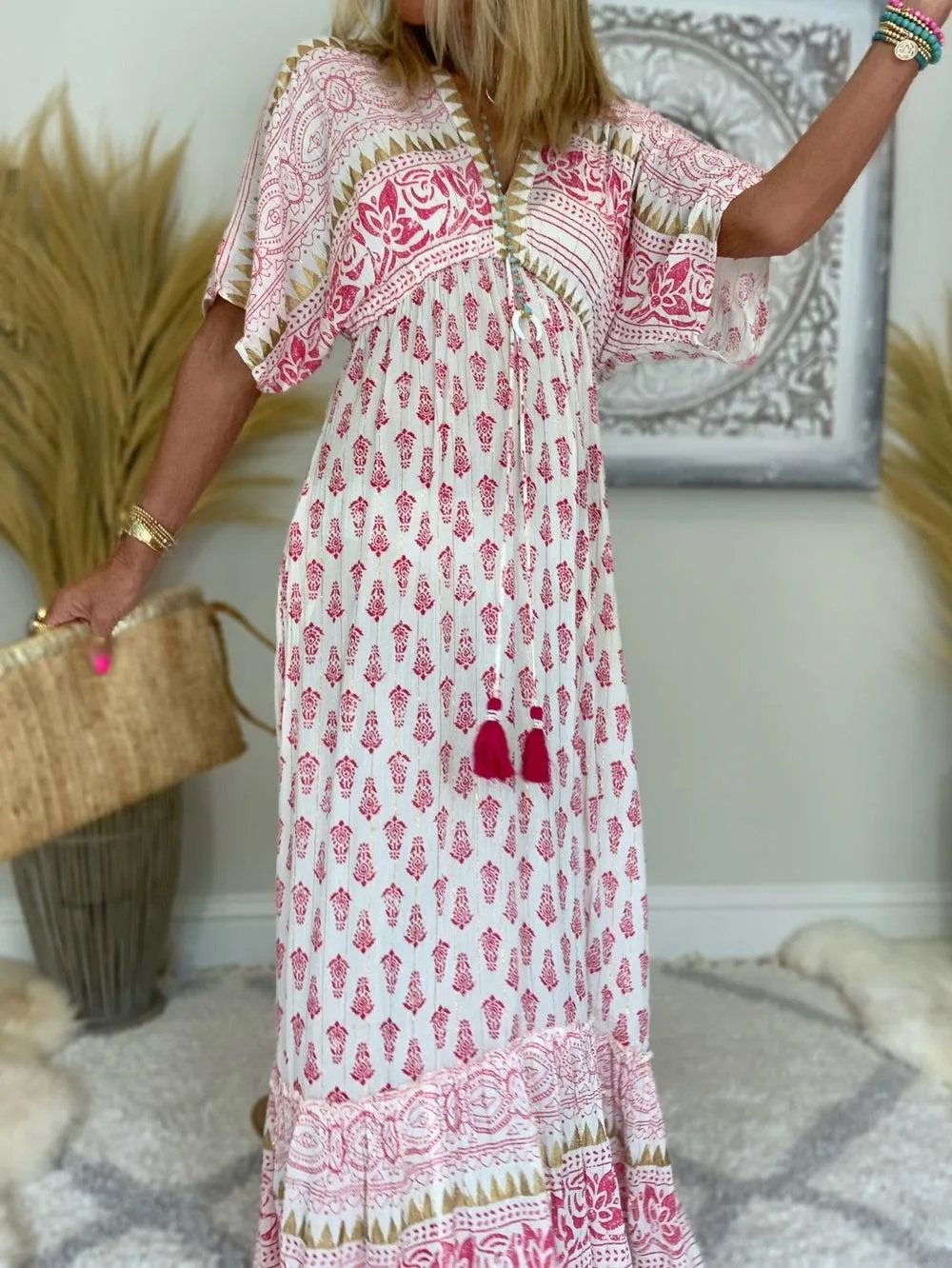 New ERTYM Sweet Pink Half Sleeve Maxi Dress Sz L, Nice Flowy lightweight fabric, great for summer! Sz L Retails 64 