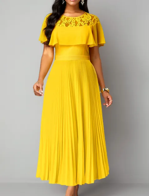 NEW MODLILY® Yellow Lace Short Sleeve Round Neck Maxi Dress, Sz XXL, Retails $65