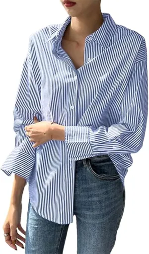 NEW Retails $47 Women Loose Striped Blouse Office Turn-Down Collar Long Sleeve Loose Button Up Vintage Shirt Tops Sz L