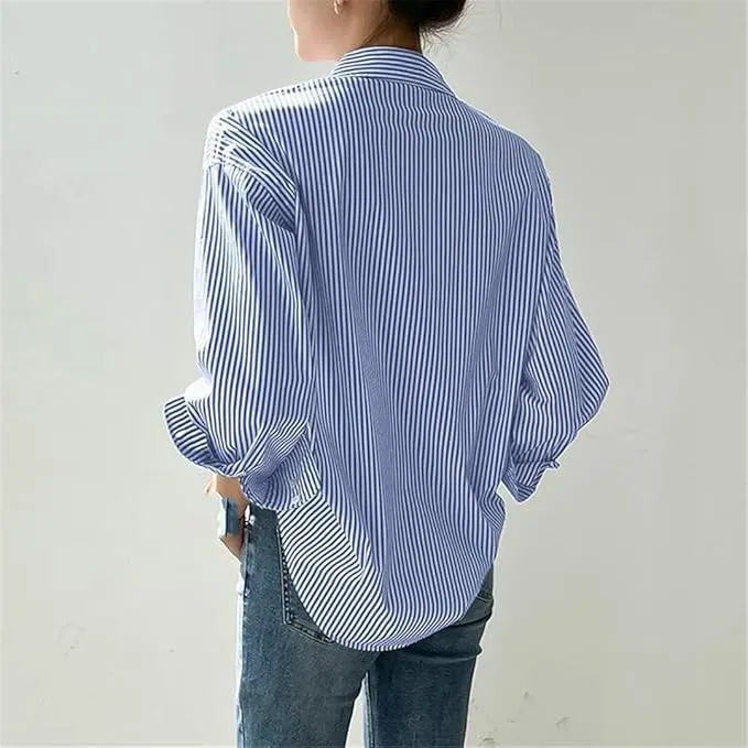 NEW Retails $47 Women Loose Striped Blouse Office Turn-Down Collar Long Sleeve Loose Button Up Vintage Shirt Tops Sz L