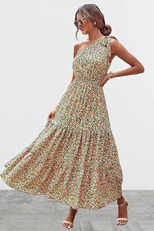 NEW Retails $85 Blue/Pink PRETTYGARDEN Women's Floral Maxi Dress 2024 Knot One Shoulder Sleeveless Ruffle Hem Flowy Boho Dresses Sz 2X